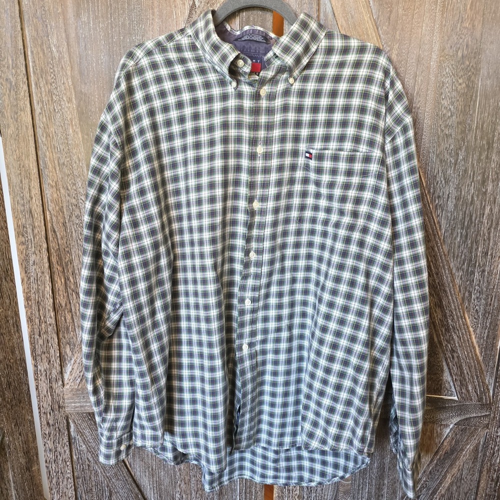 Tommy Hilfiger Shirt Men's XL Green Blue White Plaid Long Sleeve Button‎ Down